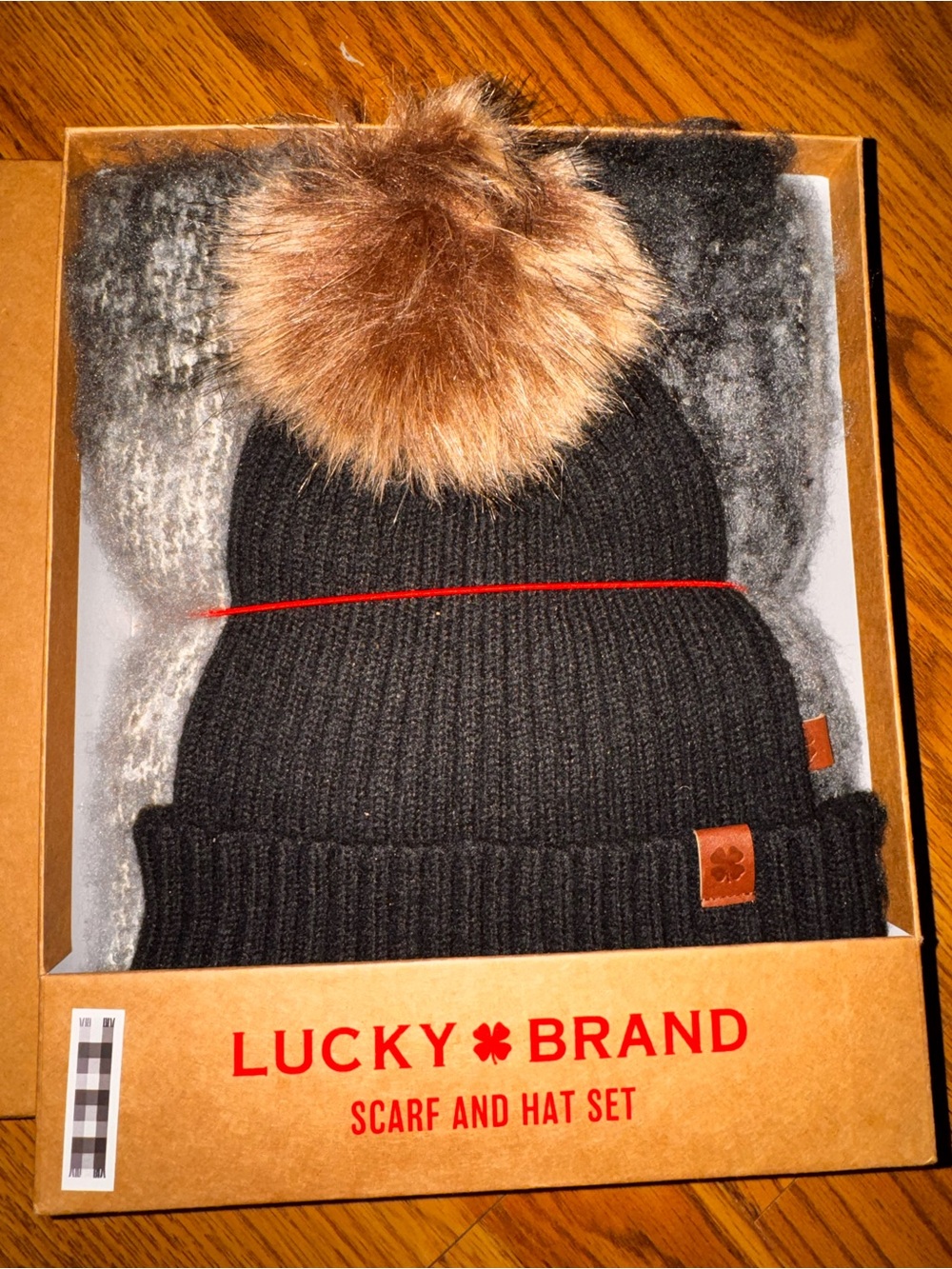 Lucky Brand Black Ribbed Knit Hat with Brown Faux Fur Pom and gray scarf set NWT
